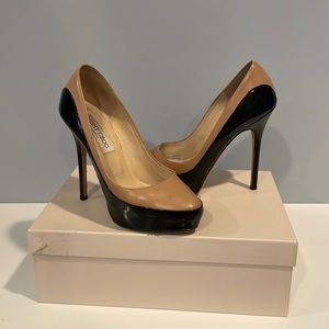 Jimmy Choo Sepia platform patent/calf leather pumps